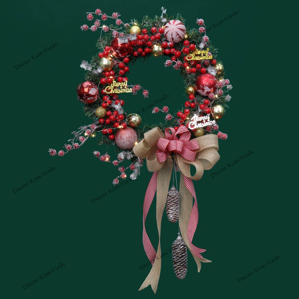Vòng Hoa D93 40CM Trang Trí Noel Kèm Đèn, Vòng Nguyệt Quế Trang Trí Giáng Sinh
