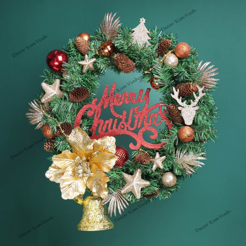 Vòng Hoa D95 50CM Trang Trí Noel Kèm Đèn, Vòng Nguyệt Quế Trang Trí Giáng Sinh
