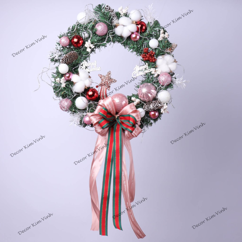 Vòng Hoa D96 40CM Trang Trí Noel Kèm Đèn, Vòng Nguyệt Quế Trang Trí Giáng Sinh