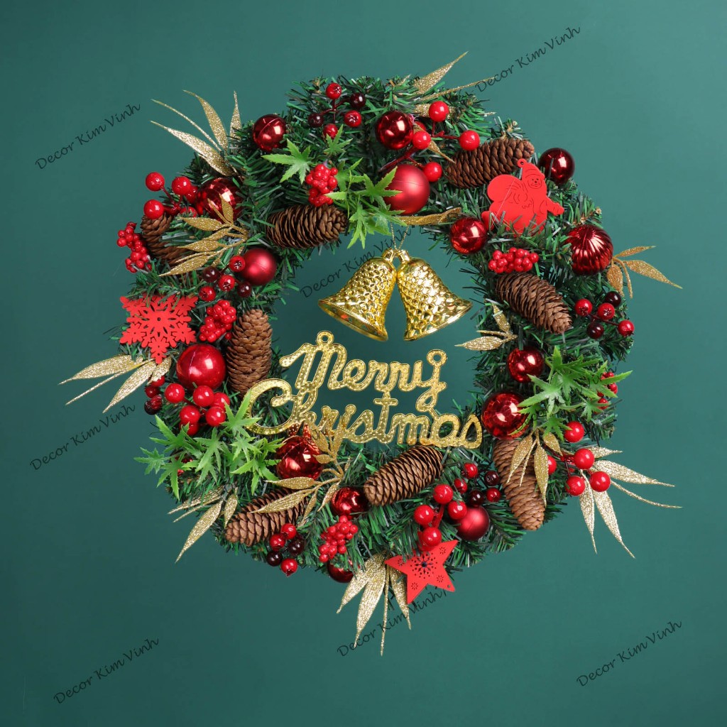 Vòng Hoa D100 40CM Trang Trí Noel Kèm Đèn, Vòng Nguyệt Quế Trang Trí Giáng Sinh