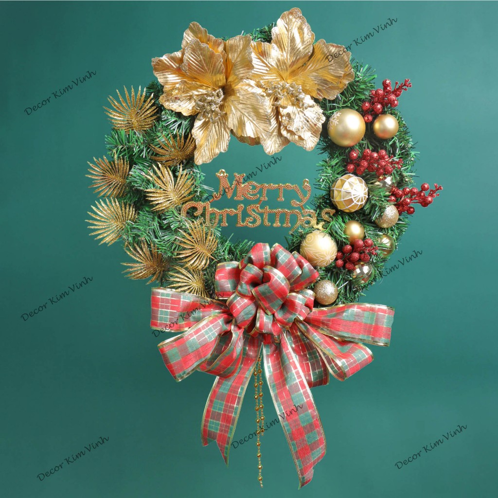 Vòng Hoa D101 50CM Trang Trí Noel Kèm Đèn, Vòng Nguyệt Quế Trang Trí Giáng Sinh