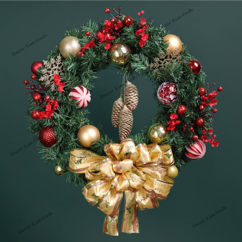 Vòng Hoa D98 45CM Trang Trí Noel Kèm Đèn, Vòng Nguyệt Quế Trang Trí Giáng Sinh