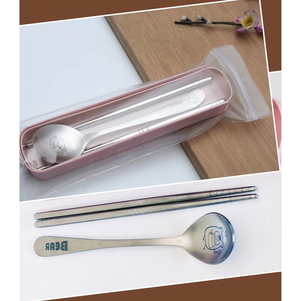 Bộ thìa đũa văn phòng, muỗng đũa cá nhân hình gấu Bear, inox cao cấp, sáng bóng tiện dụng, kèm hộp đựng