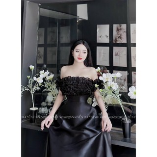 Đầm nữ trể vai đi tiệc, đầm công chúa dáng xòe chất TAPTA phối voan tơ dể thương nhí nhảnh