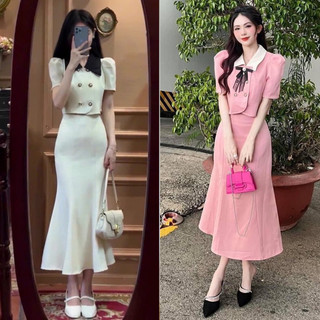 Set áo croptop nút ngọc kèm chân váy đuôi cá