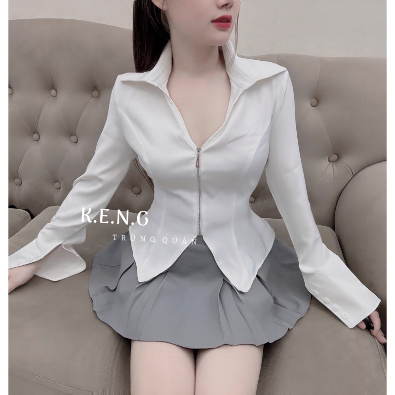 Set áo sơ mi khoá đồng phối chân váy xoè bồng