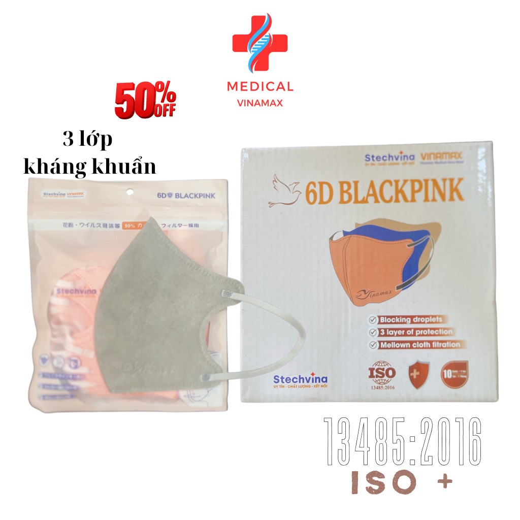 Thùng 50 Cái Khẩu trang 6D BLACKPINK Airfit, kháng khuẩn 3 lớp mềm mại dễ