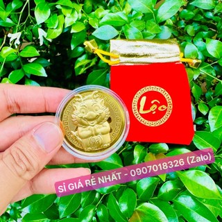 Đồng xu rồng vàng kèm túi gấm đỏ lộc phúc may mắn cát tường