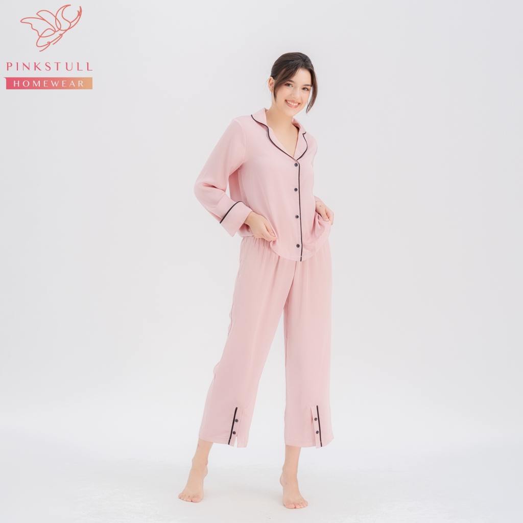 Bộ đồ ngủ Pijama Pinkstull tay dài quần dài xẻ tà quần hồng, xanh ngọc, xanh đậm