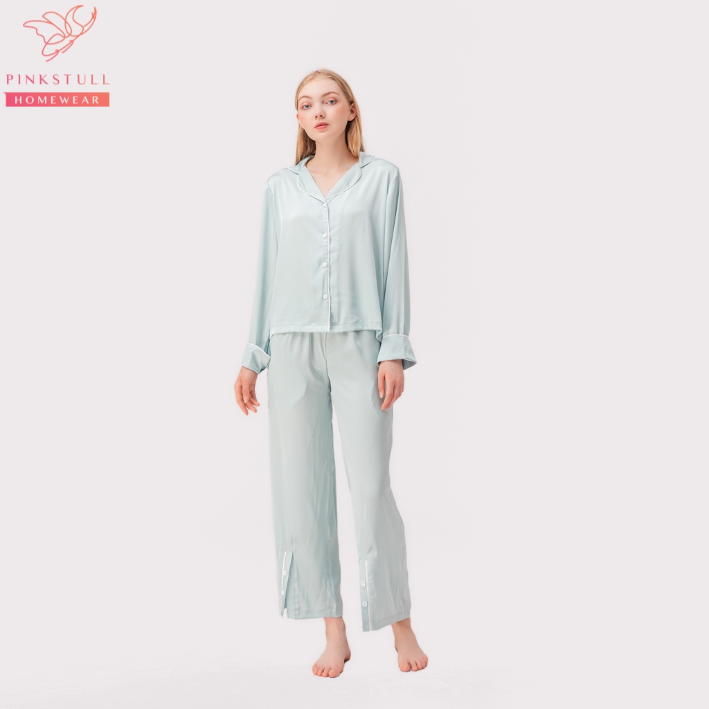 Bộ đồ ngủ Pijama Pinkstull tay dài quần dài xẻ tà quần hồng, xanh ngọc, xanh đậm