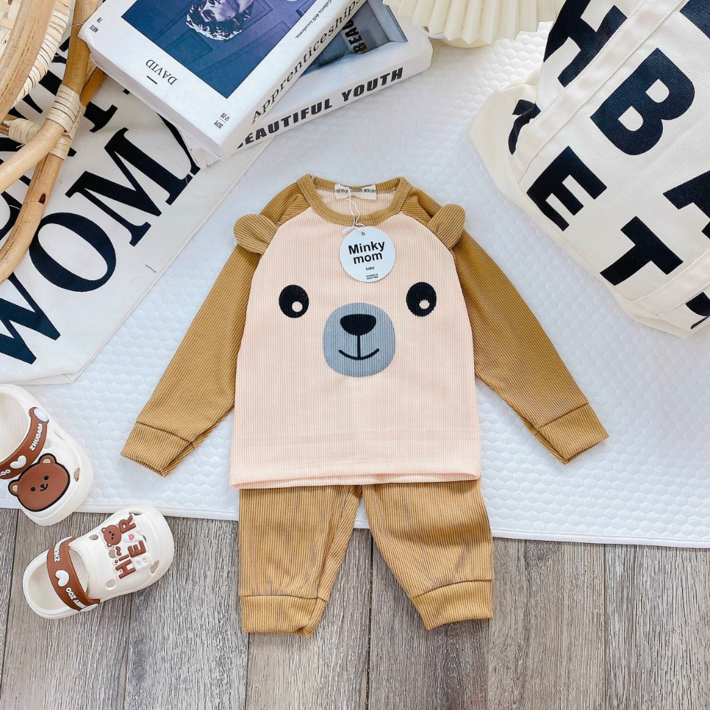 Bộ dài tay minkymom thu đông kẻ cho trẻ em bé trai gái đi học đi chơi cực ấm