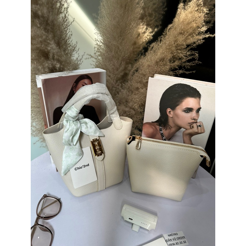 Fullbox hãng MIOCRA KOLY. Túi da nhập khẩu Chio 2nd chính hãng phong cách Retro màu kem