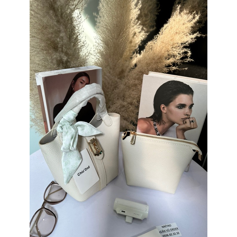 Fullbox hãng MIOCRA KOLY. Túi da nhập khẩu Chio 2nd chính hãng phong cách Retro màu kem