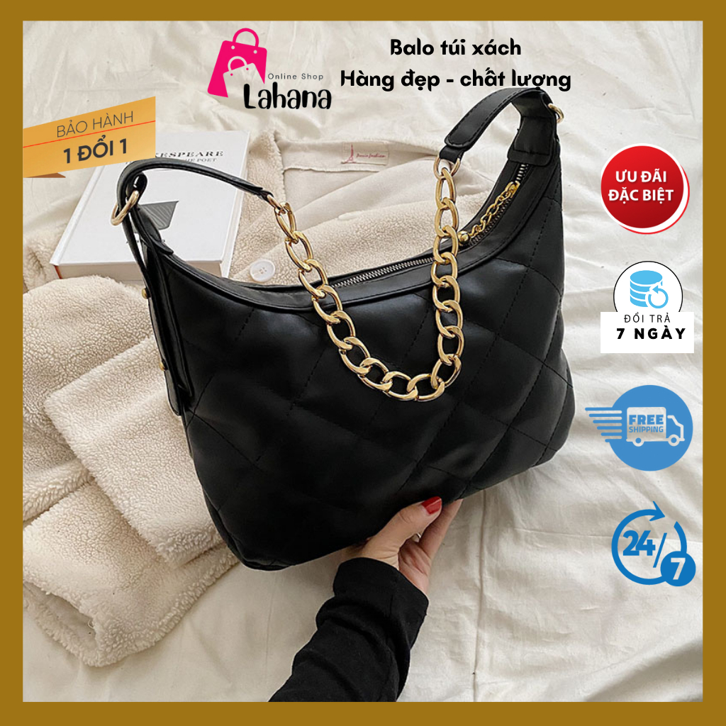 Túi xách nữ đeo chéo, đeo vai classic trần chỉ đi chơi phong cách đơn giản da mềm dây xích to LAHANA LK63
