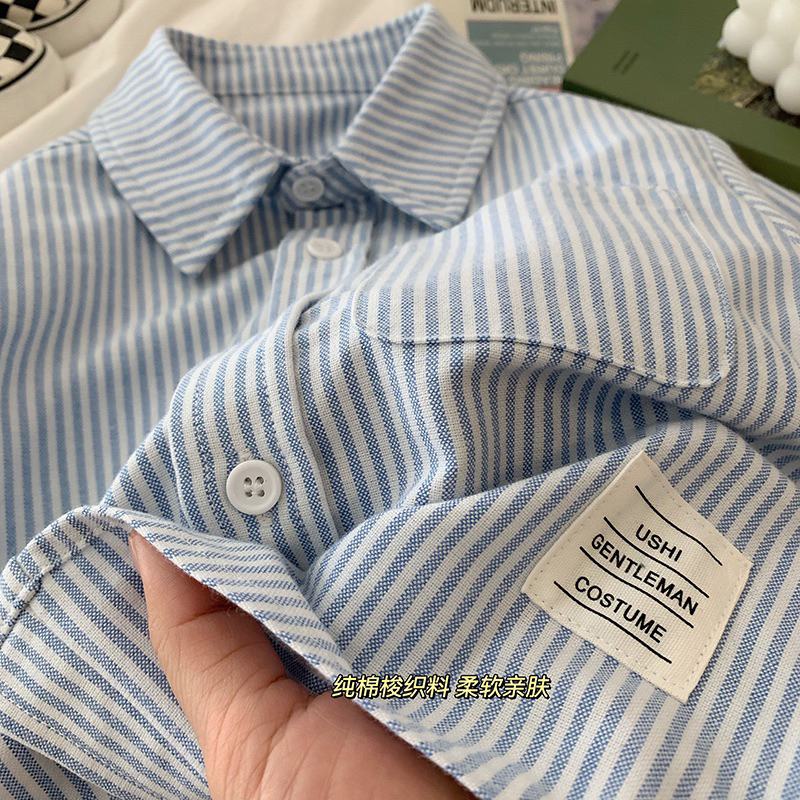 Áo sơ mi dài tay bé trai bé gái MONDAY KIDS, áo sơ mi kẻ sọc thời trang Hàn Quốc cho bé