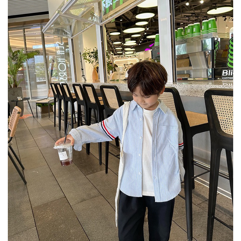 Áo sơ mi dài tay bé trai bé gái MONDAY KIDS, áo sơ mi kẻ sọc thời trang Hàn Quốc cho bé