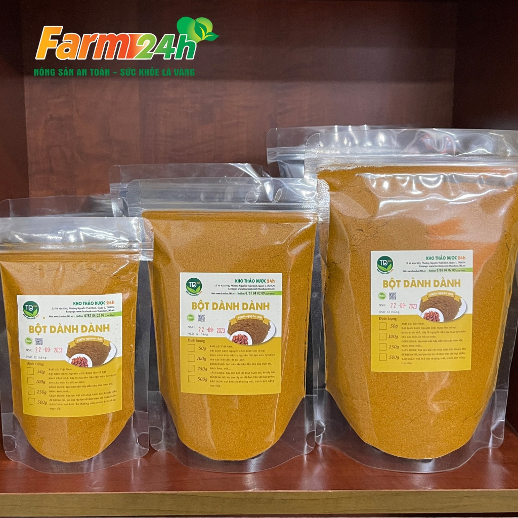 Bột quả dành dành nguyên chất 100%, tạo màu vàng tự nhiên, dùng làm xôi, bánh, thạch chè, rau câu, mứt, ATVSTP