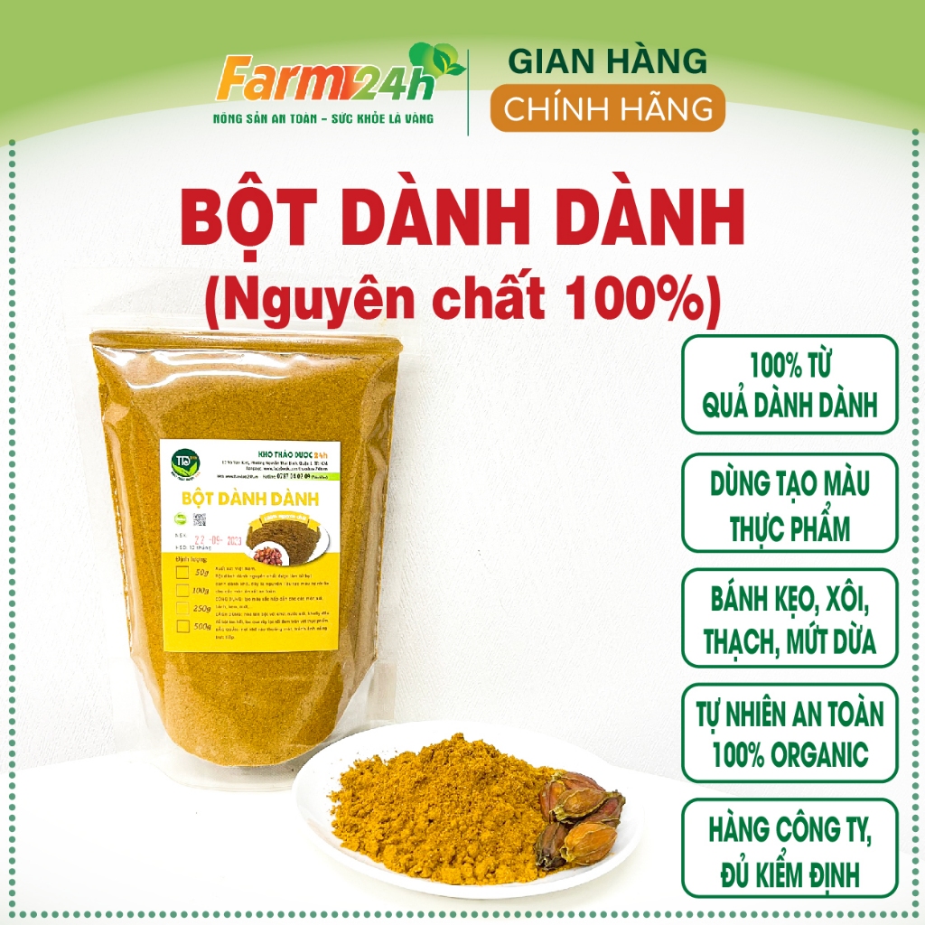 Bột quả dành dành nguyên chất 100%, tạo màu vàng tự nhiên, dùng làm xôi, bánh, thạch chè, rau câu, mứt, ATVSTP