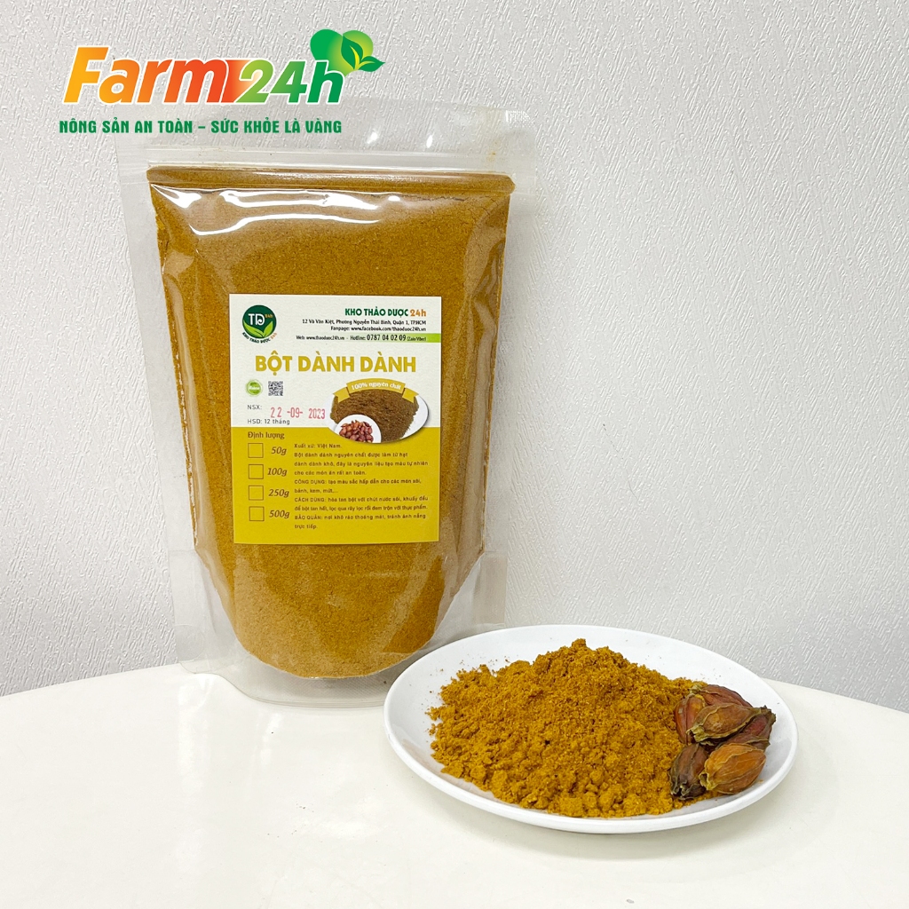 Bột dành dành nguyên chất 100%, tạo màu vàng và mùi thơm tự nhiên, dùng làm xôi, bánh, chè, rau câu, thạch dừa, ATVSTP