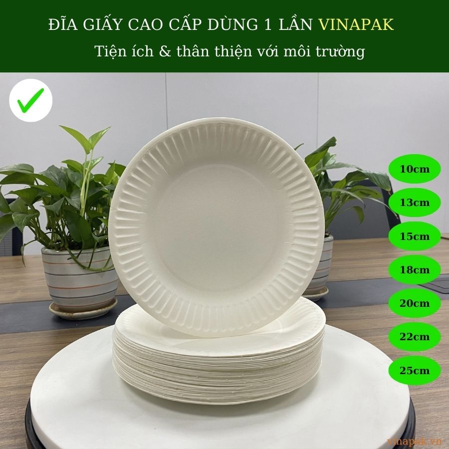50 Đĩa giấy dùng 1 lần cao cấp của Vinapak, Đường kính 13/15/18/20cm, Giá rẻ, an toàn và thân thiện.