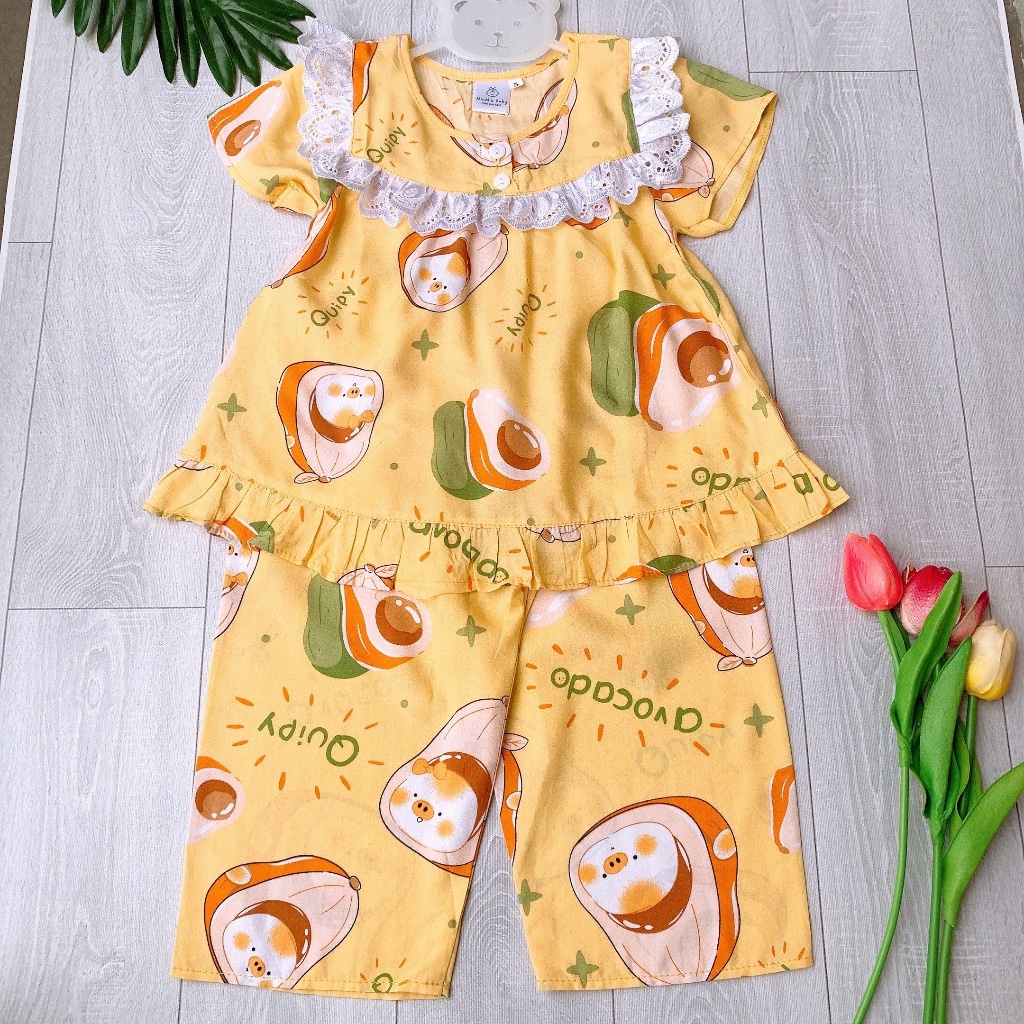 10-68kg Đồ bộ mẹ và bé tole 2 da tay ngắn quần dài cổ vuông ren thiết kế bé gái mặc nhà hình gấu dâu hoa thỏ