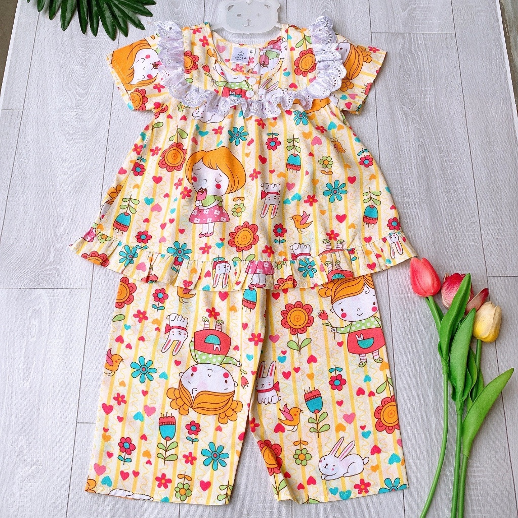 10-68kg Đồ bộ mẹ và bé tole 2 da tay ngắn quần dài cổ vuông ren thiết kế bé gái mặc nhà hình gấu dâu hoa thỏ