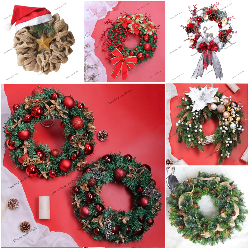 Vòng Hoa 50CM Trang Trí Noel Kèm Đèn, Vòng Nguyệt Quế Trang Trí Giáng Sinh BST03