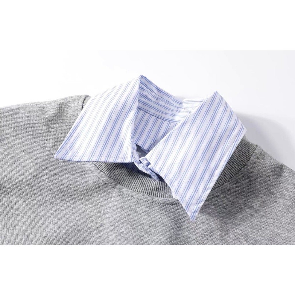 Áo sweater xám phối somi kẻ sọc xanh phong cách Basic năng động - immin.h