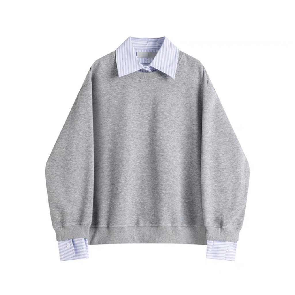 Áo sweater xám phối somi kẻ sọc xanh phong cách Basic năng động - immin.h