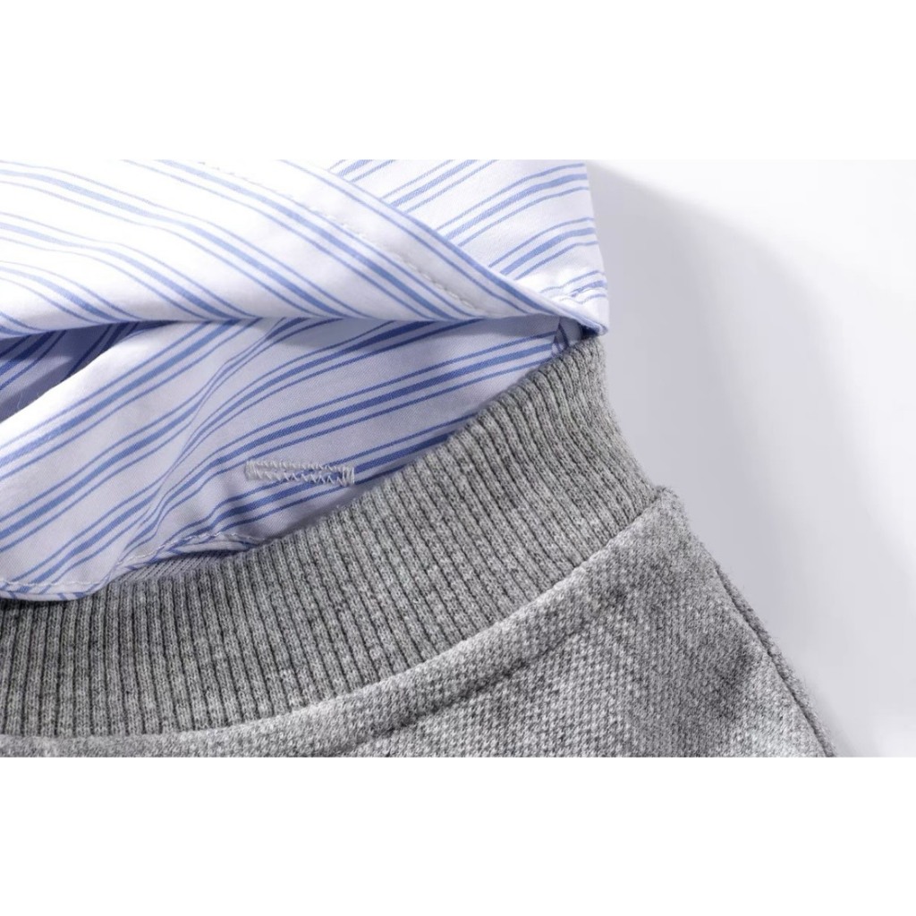 Áo sweater xám phối somi kẻ sọc xanh phong cách Basic năng động - immin.h