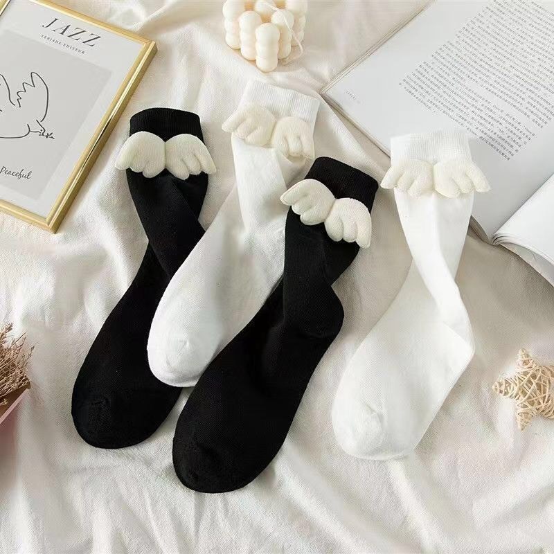 Tất cao cổ có cánh đáng yêu Jengiang phong cách JK Nhật Bản Vớ đen trắng phối cánh thiên thần