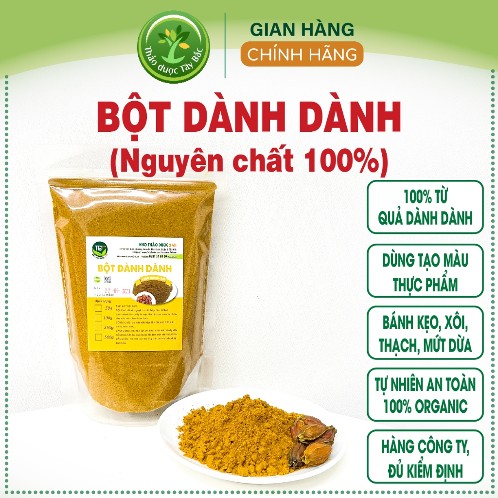 Bột quả dành dành nguyên chất 100%, tạo màu vàng tự nhiên, dùng làm xôi, bánh, thạch chè, rau câu, mứt, ATVSTP