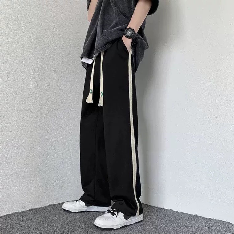 Quần thể thao dáng suông dày dặn phong cách Ulzzang phối sọc - Quần ống rộng nam nữ unisex Chất liệu da cá