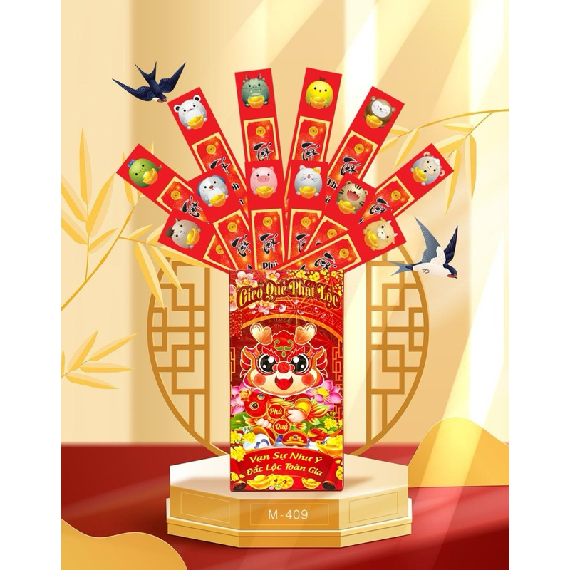 Bao Lì Xì Gieo Quẻ Cáng Bóng, Hộp 12 Quẻ, Bao Lì Xì Tết