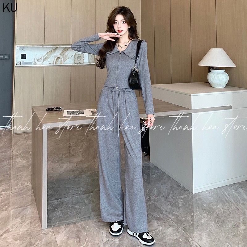 HOT Sét Bộ Áo Khoác cardigan Len Quảng Châu Dáng Áo Croptop Quần Ống Rộng Thời Trang Mùa Thu Đông Cho Nữ