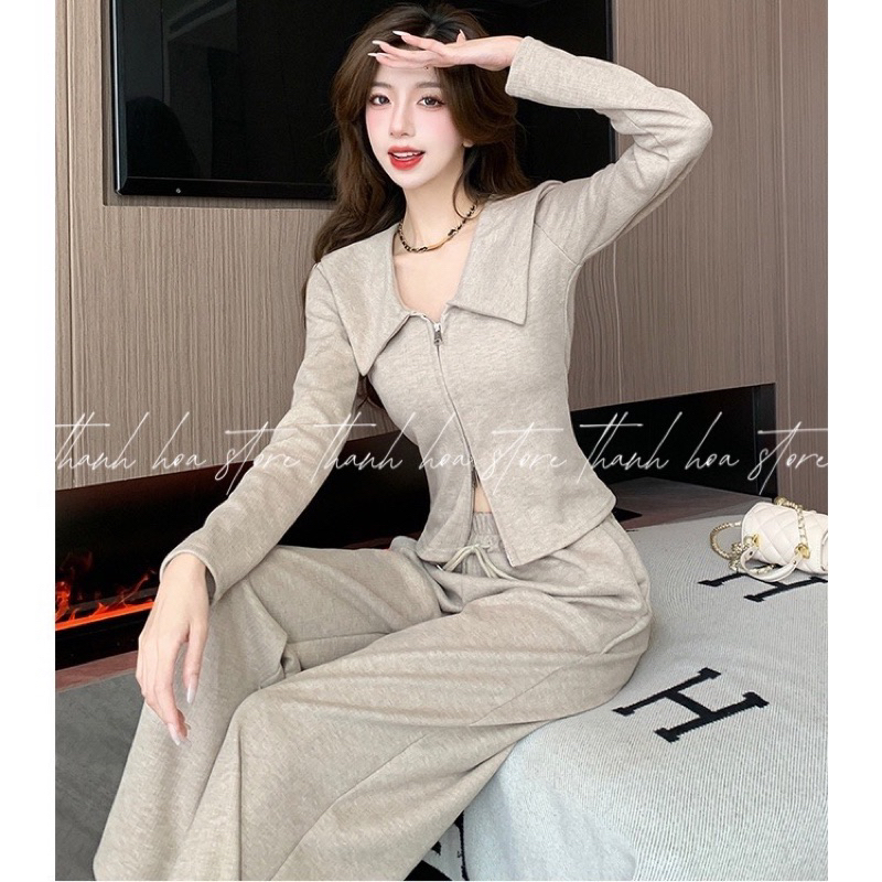 HOT Sét Bộ Áo Khoác cardigan Len Quảng Châu Dáng Áo Croptop Quần Ống Rộng Thời Trang Mùa Thu Đông Cho Nữ