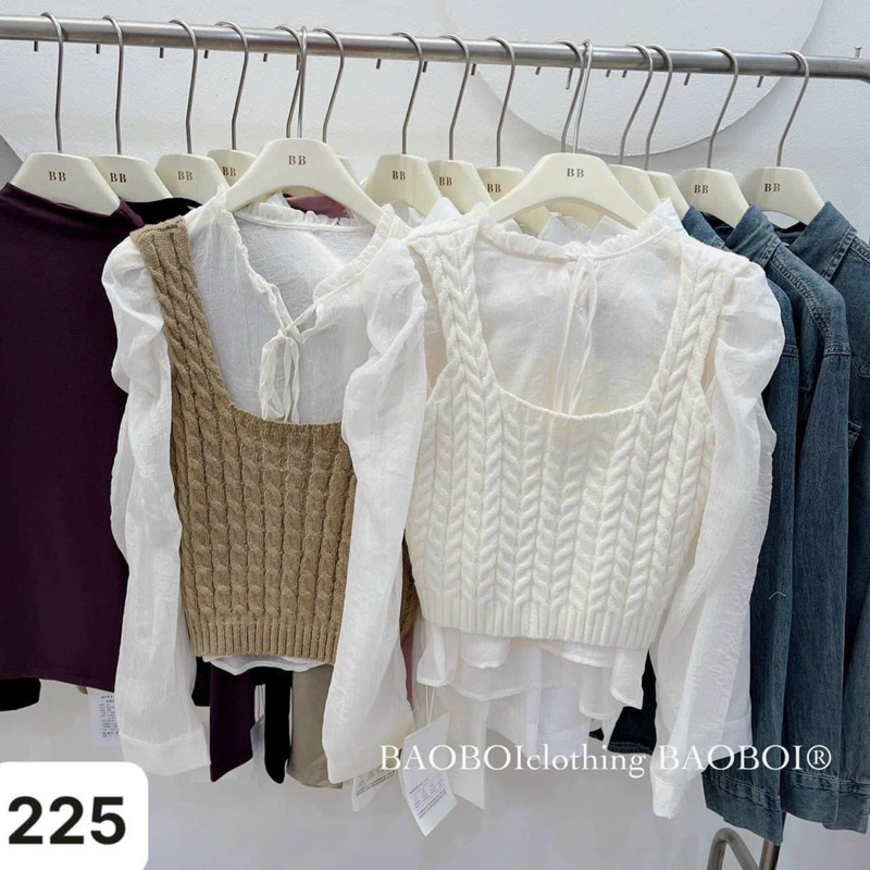 Set áo sơ mi bèo tay bồng kèm ghile len phong cách tiểu thư A190