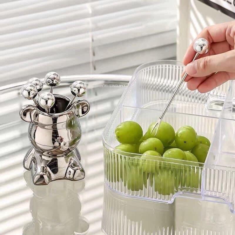 Bộ 6 nĩa ăn trái cây, tráng miệng bằng thép không gỉ hình gấu