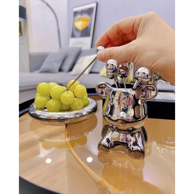 Bộ 6 nĩa ăn trái cây, tráng miệng bằng thép không gỉ hình gấu