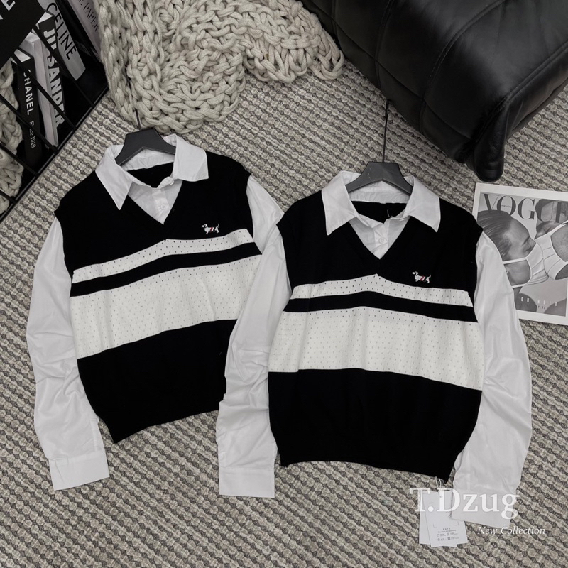 Set Áo Sơmi Kèm Gile Len Thom Kẻ