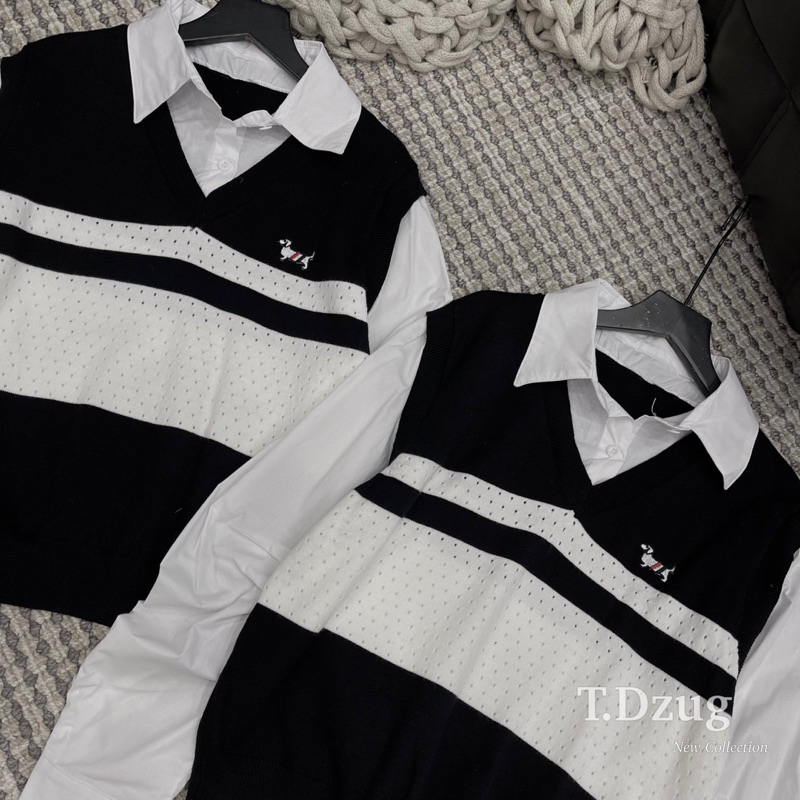 Set Áo Sơmi Kèm Gile Len Thom Kẻ