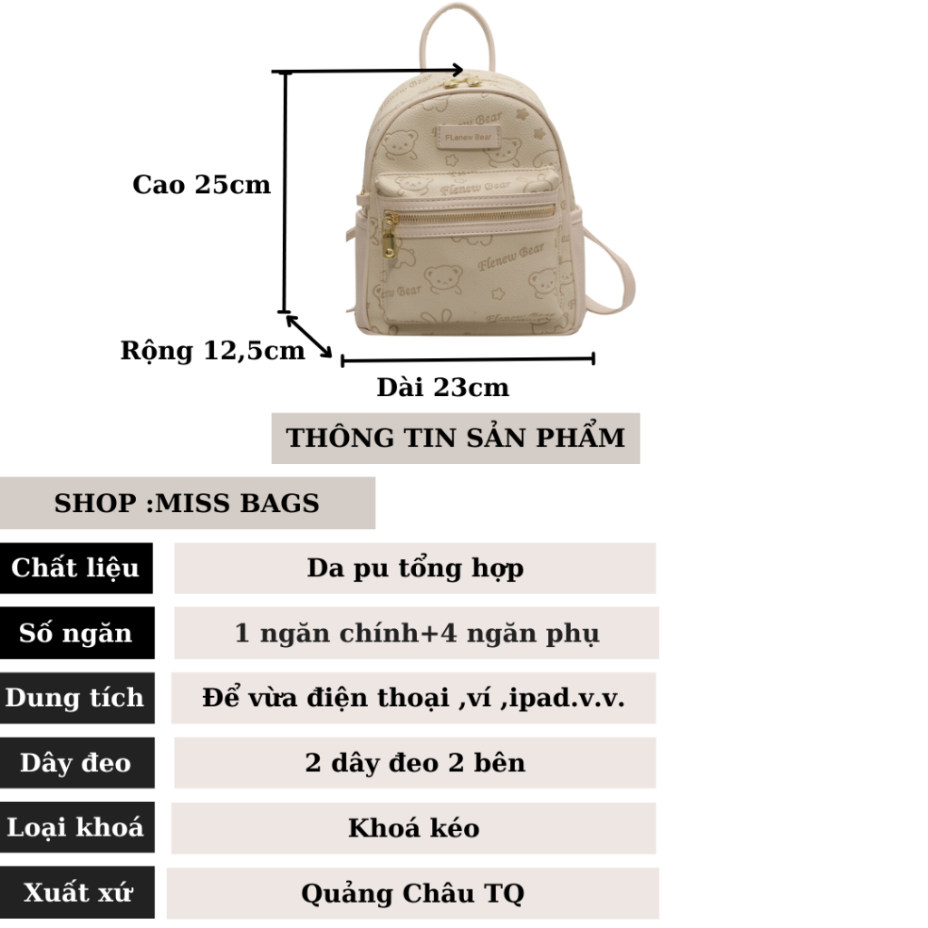 Balo nữ mini da pu đi học đi chơi in hình gấu cute dễ thương phong cách thời trang hàn quốc Miss bags BLD 256