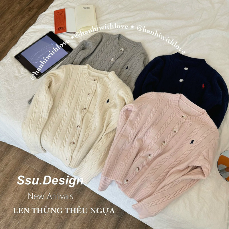 ẢNH THẬT: ÁO KHOÁC LEN CADIGAN VẶN THỪNG THÊU HÌNH NGỰA HÀNG QC loại 1