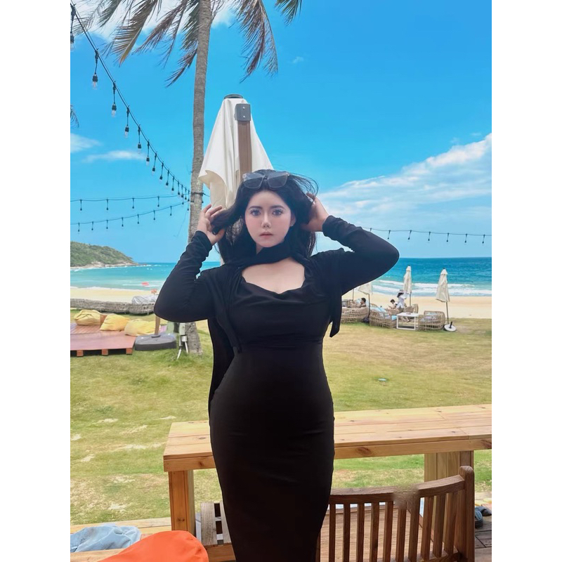 Đầm hở lưng cổ đổ dáng dài xẻ tà tôn dáng sexy