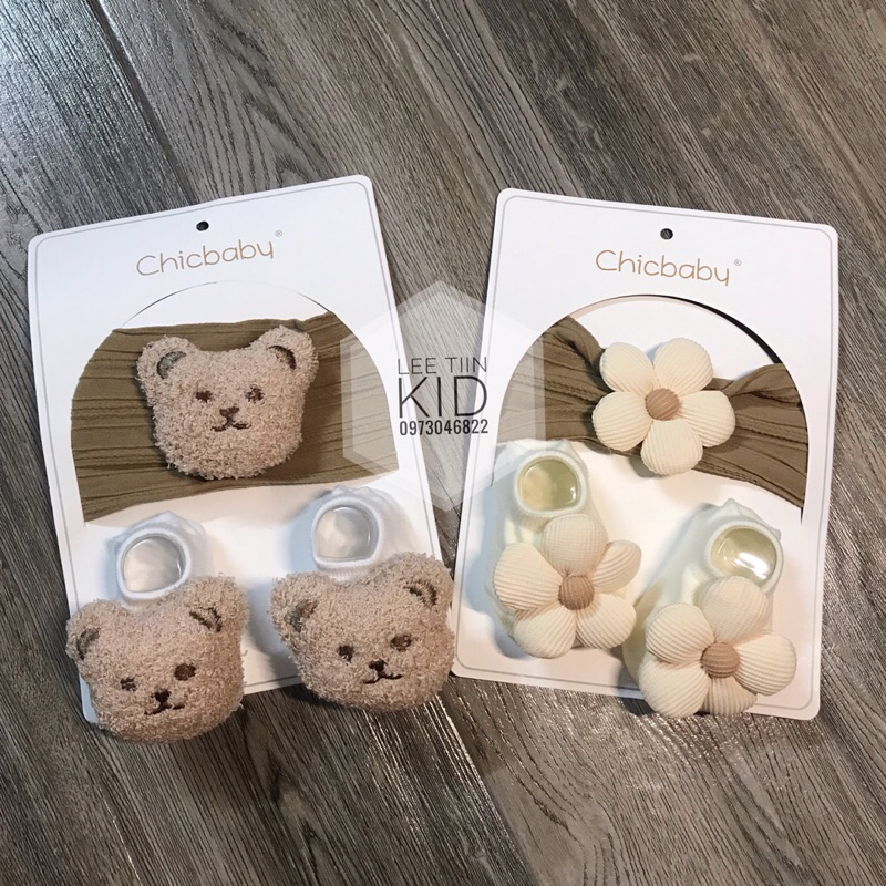 Set băng đô turban kèm tất gấu bông, hoa bé trai, bé gái