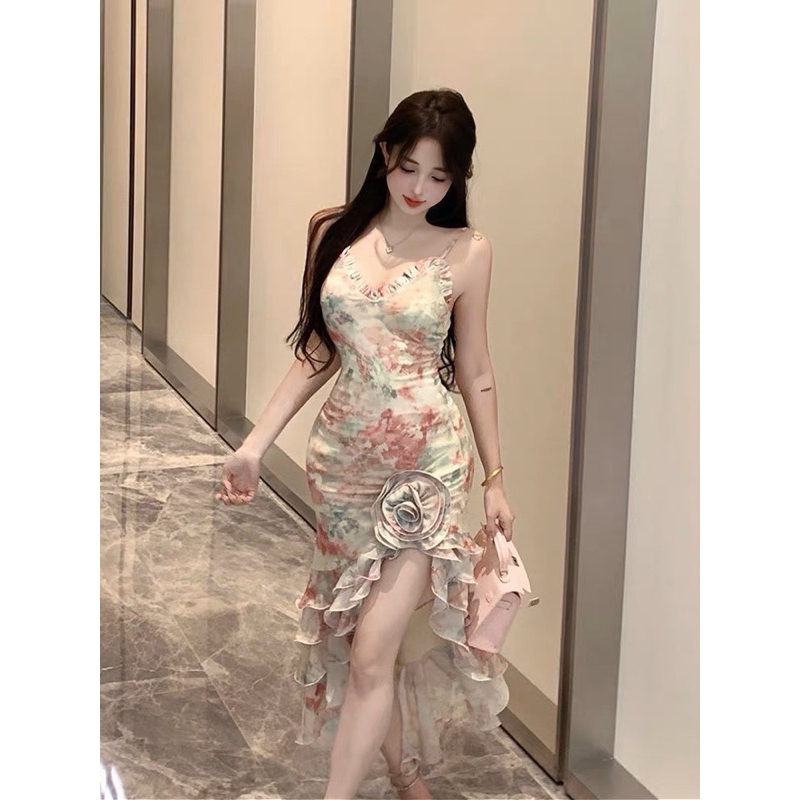 Đầm xoè voan hoa chạy xẻ đùi nhún bèo - Free size
