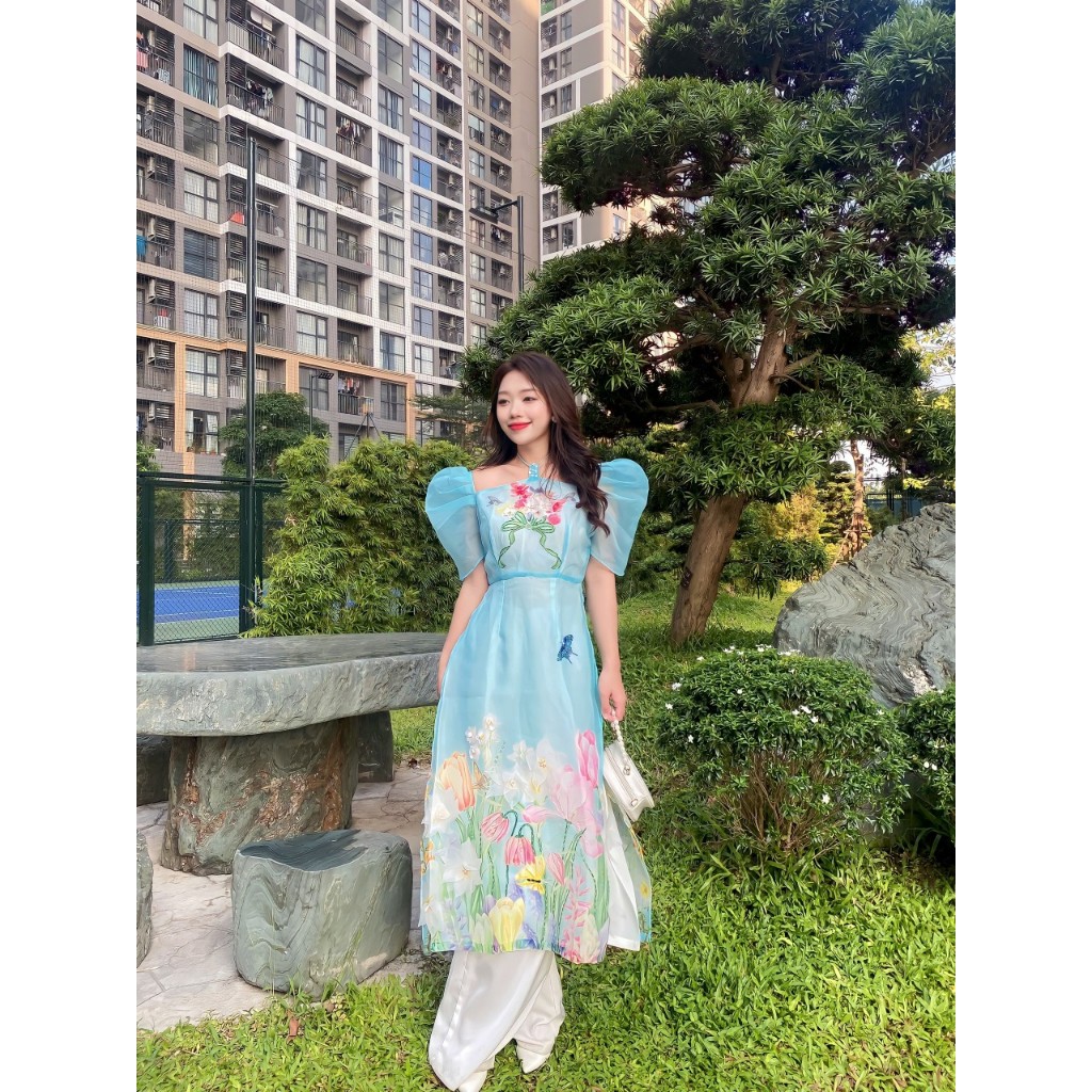 𝐍𝐄𝐖𝟐𝟎𝟐𝟒 - Áo dài cách tân nữ màu xanh KHUÊ TÚ áo dài cho nữ áo dài 4 tà đính kết kiểu dáng hiện đại
