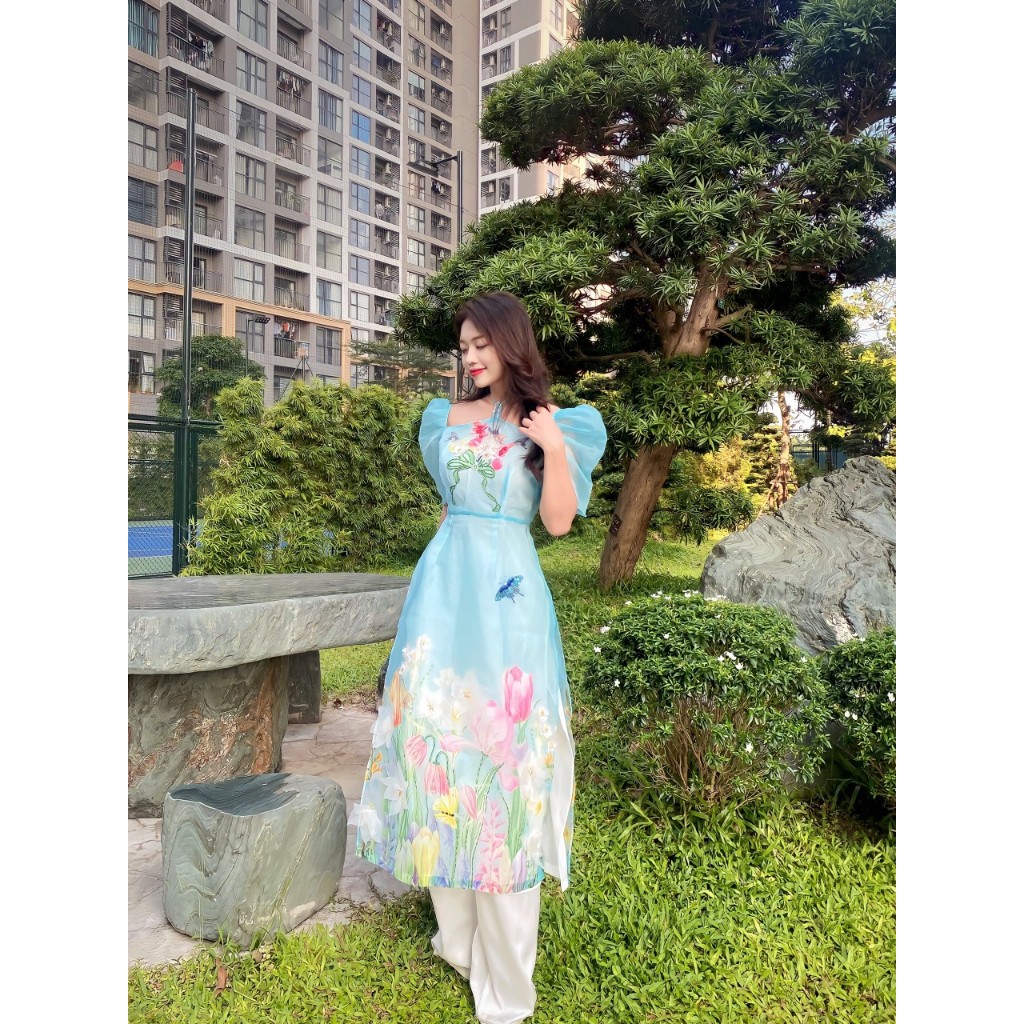 𝐍𝐄𝐖𝟐𝟎𝟐𝟒 - Áo dài cách tân nữ màu xanh KHUÊ TÚ áo dài cho nữ áo dài 4 tà đính kết kiểu dáng hiện đại