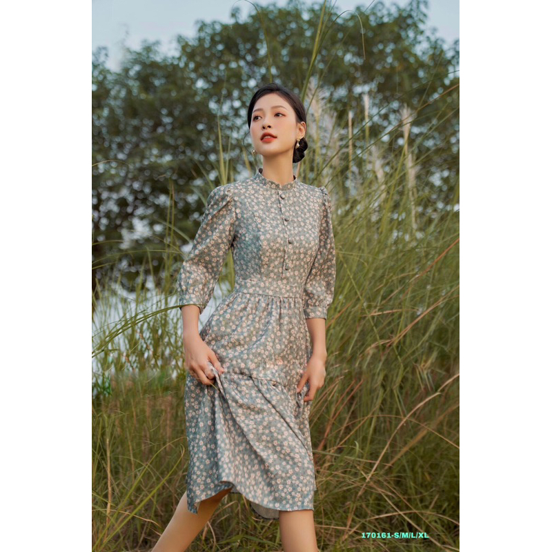 VÁY NHUNG MỊN HOA NHÍ ĐUÔI CÁ TAY LỠ TIỂU THƯ NHẸ NHÀNG DÀI 106CM