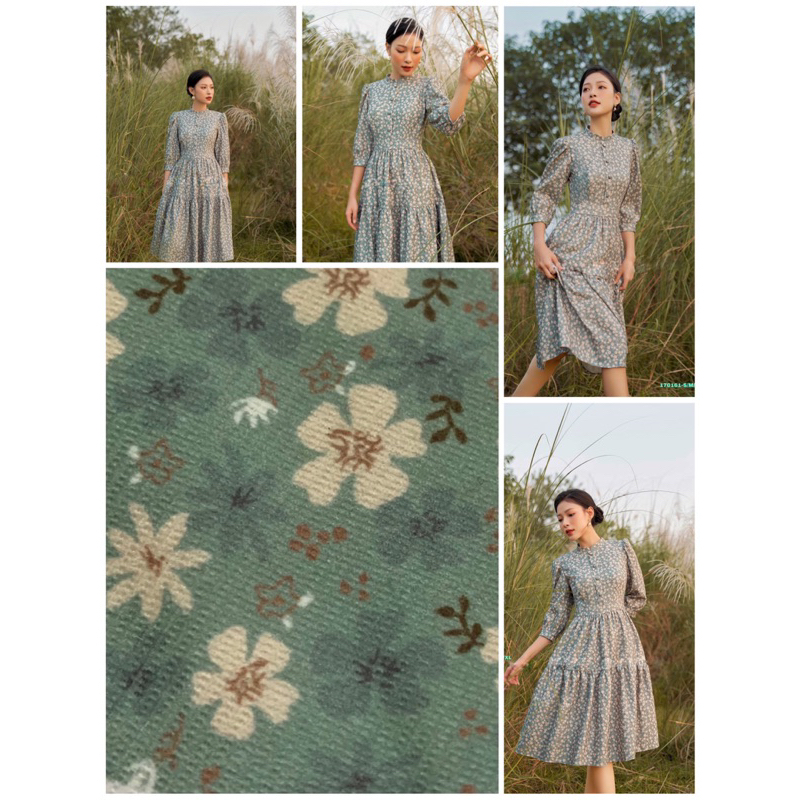 VÁY NHUNG MỊN HOA NHÍ ĐUÔI CÁ TAY LỠ TIỂU THƯ NHẸ NHÀNG DÀI 106CM
